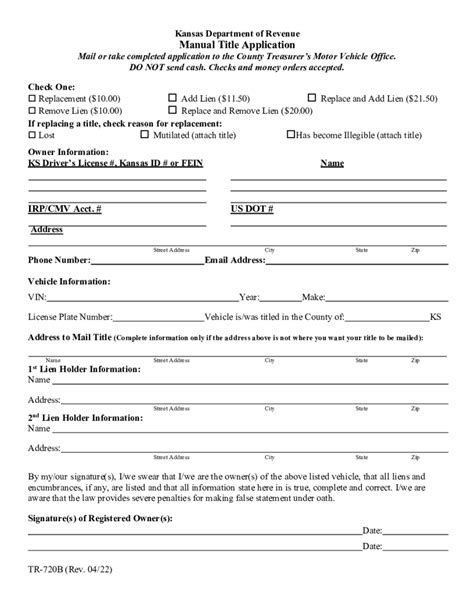 Kansas Lost Title Application Form Example