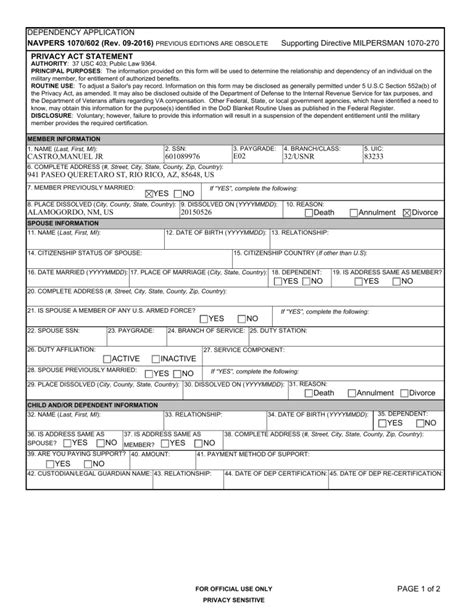 Navpers 1070 602 Dependency Application Form Example