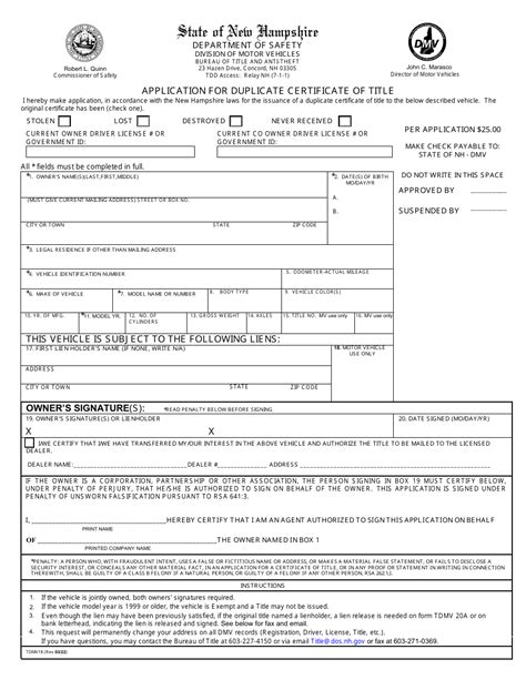 New Hampshire Title Application Requirements