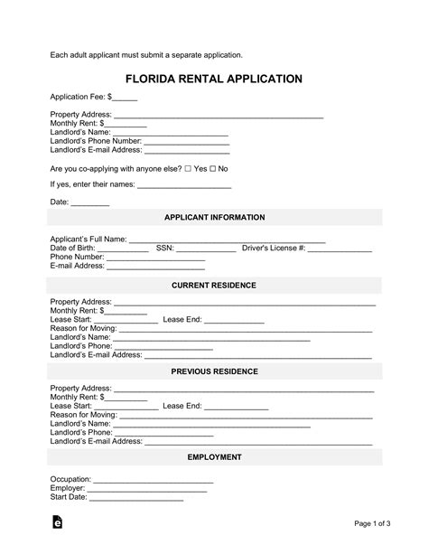 Florida Rental Application Form Sample