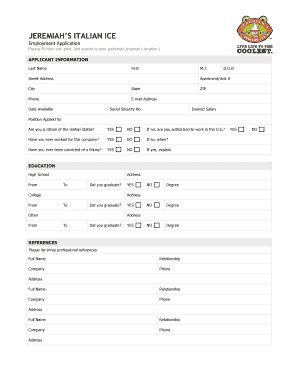 Jeremiah's Italian Ice application form