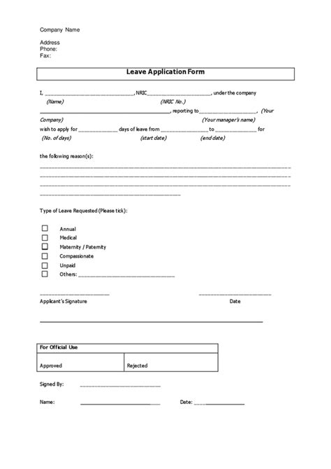 Leave Application Form Template in Word Design