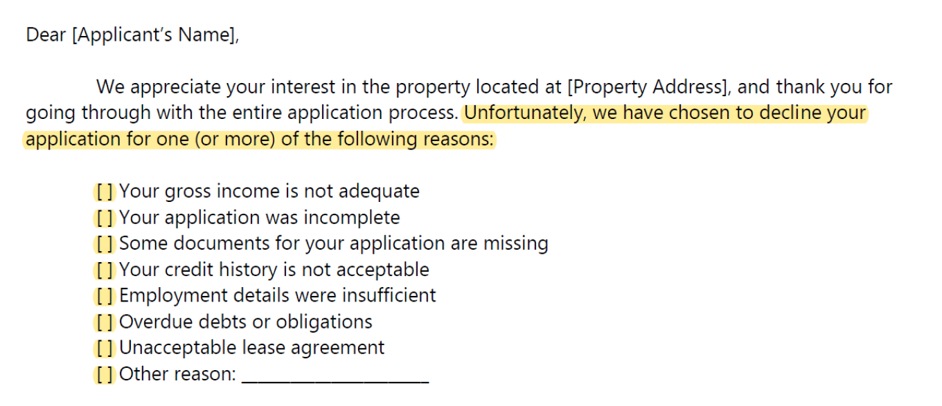 Rental Application Denial Reasons