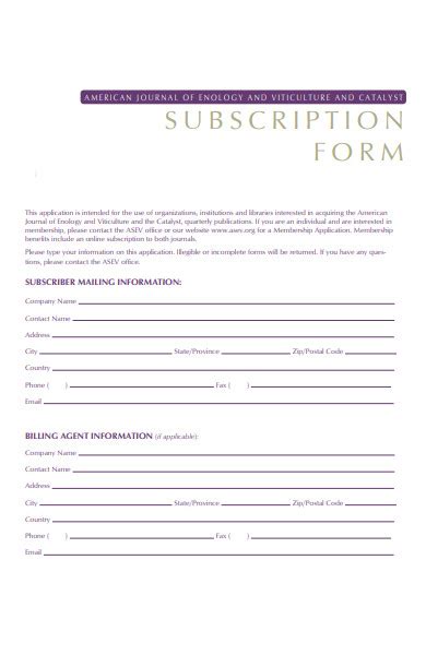 Subscription Application Form Example