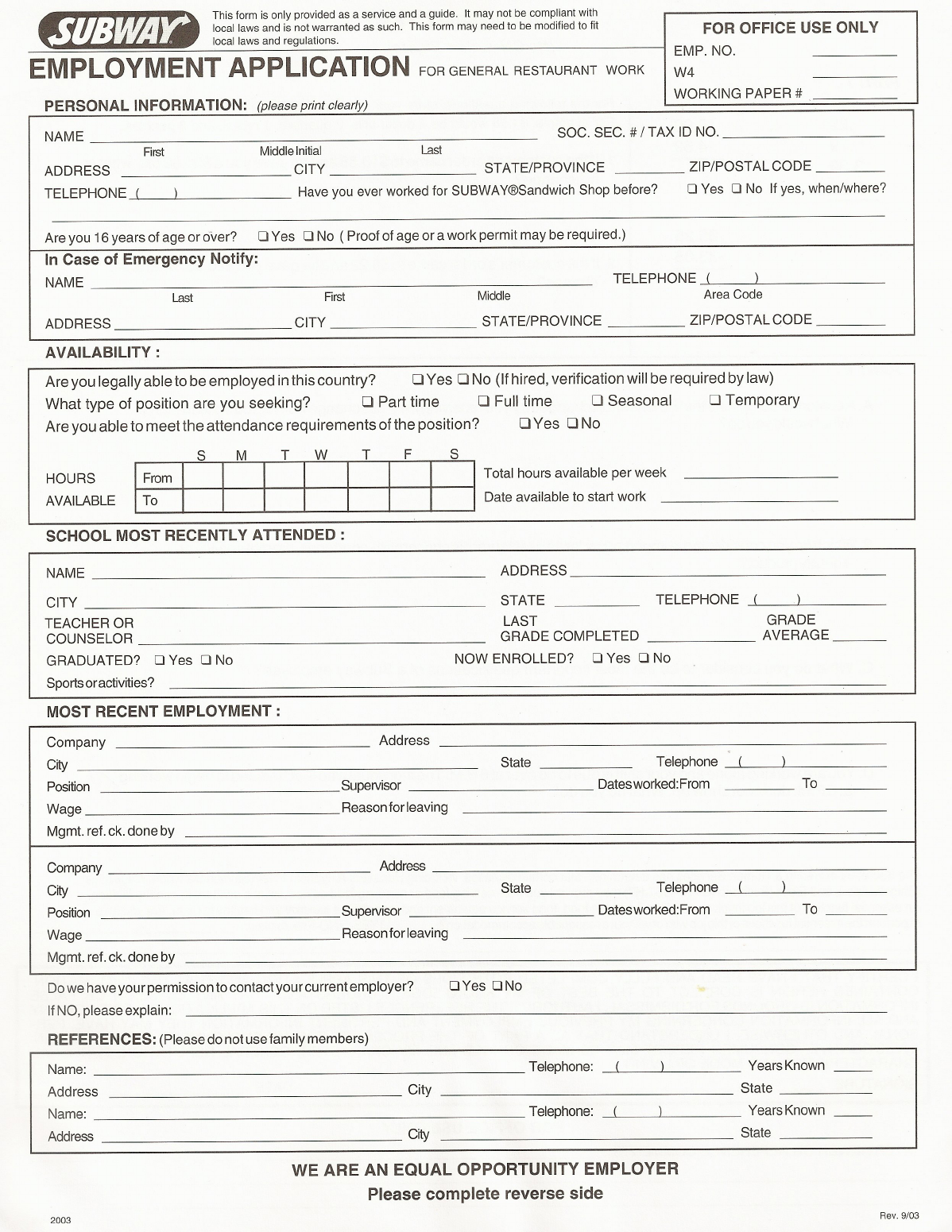 Subway Application Form