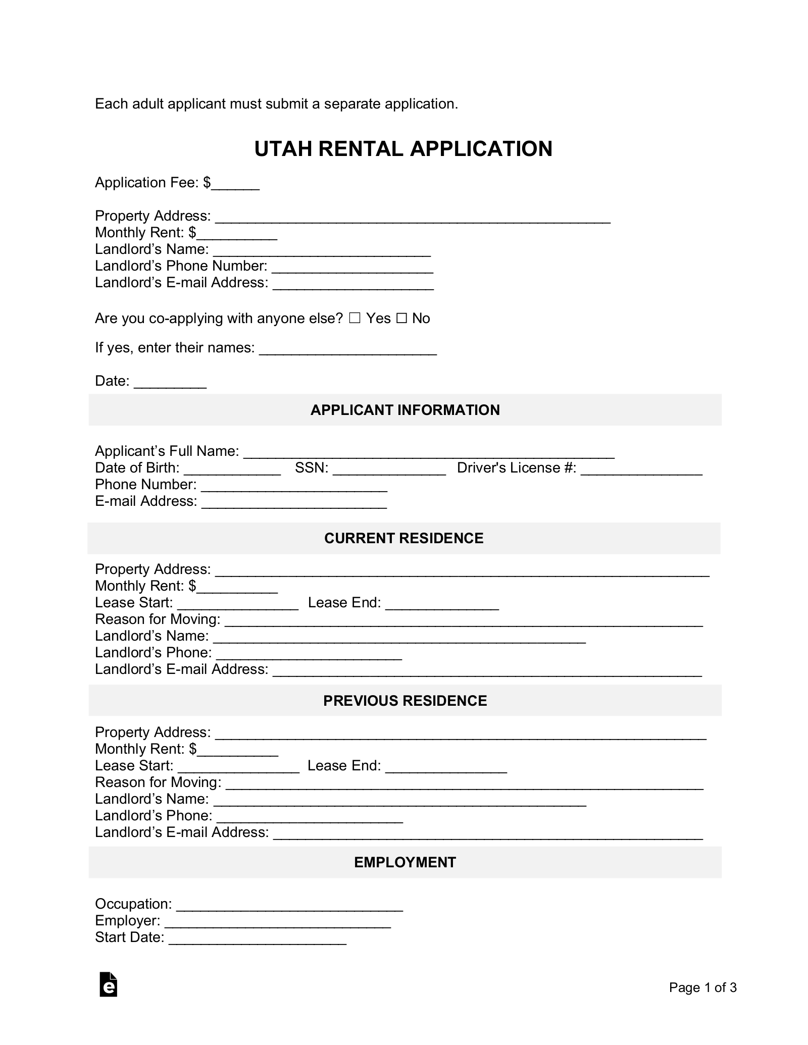 Utah Rental Application Form Printable